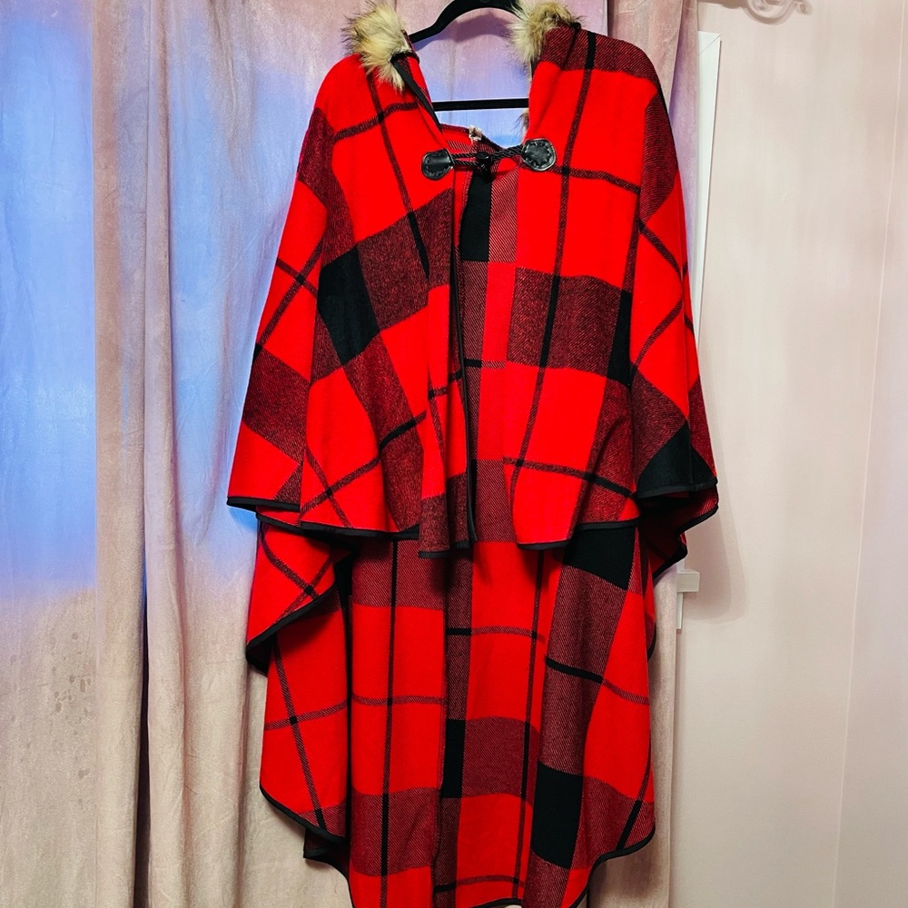 Plaid Fuzzy Hooded Red Fleece Cape